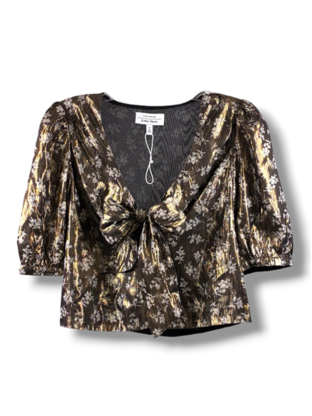 & Other Stories Blouse Floral Tie Front Top in Black Gold Size 2